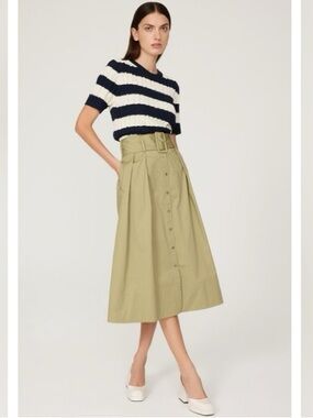 STAUD Kingsley Belted Pleated Stretchcotton Midi Skirt
